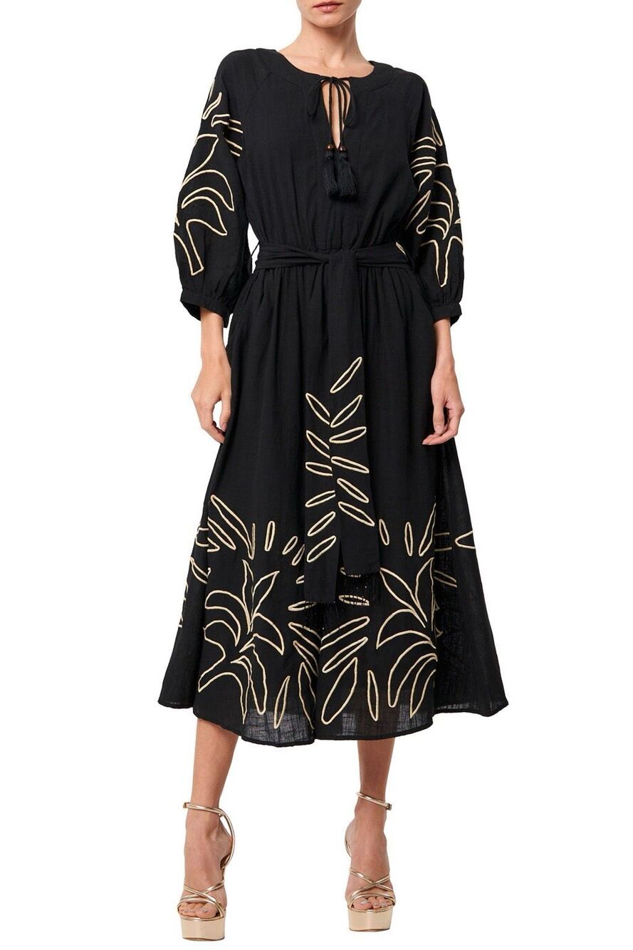 NWT CIEBON Eliza Embroidered A-Line Midi Dress Black Boho Cotton XS
